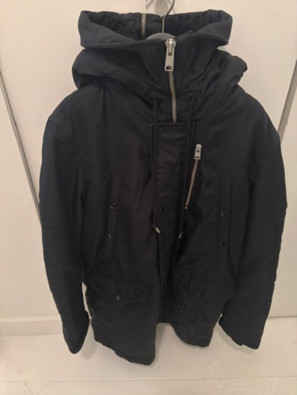 All Saints Long Bomber Jacket Parka Black Shearling